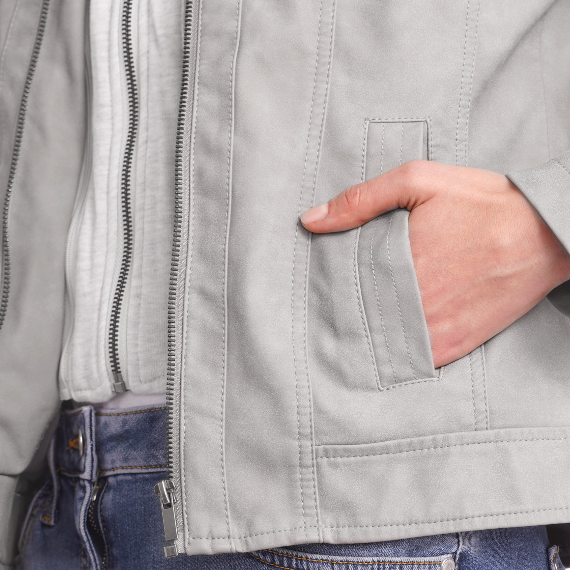 Gina Damen Lederimitatjacke mit Sweat-Einsatz grau
