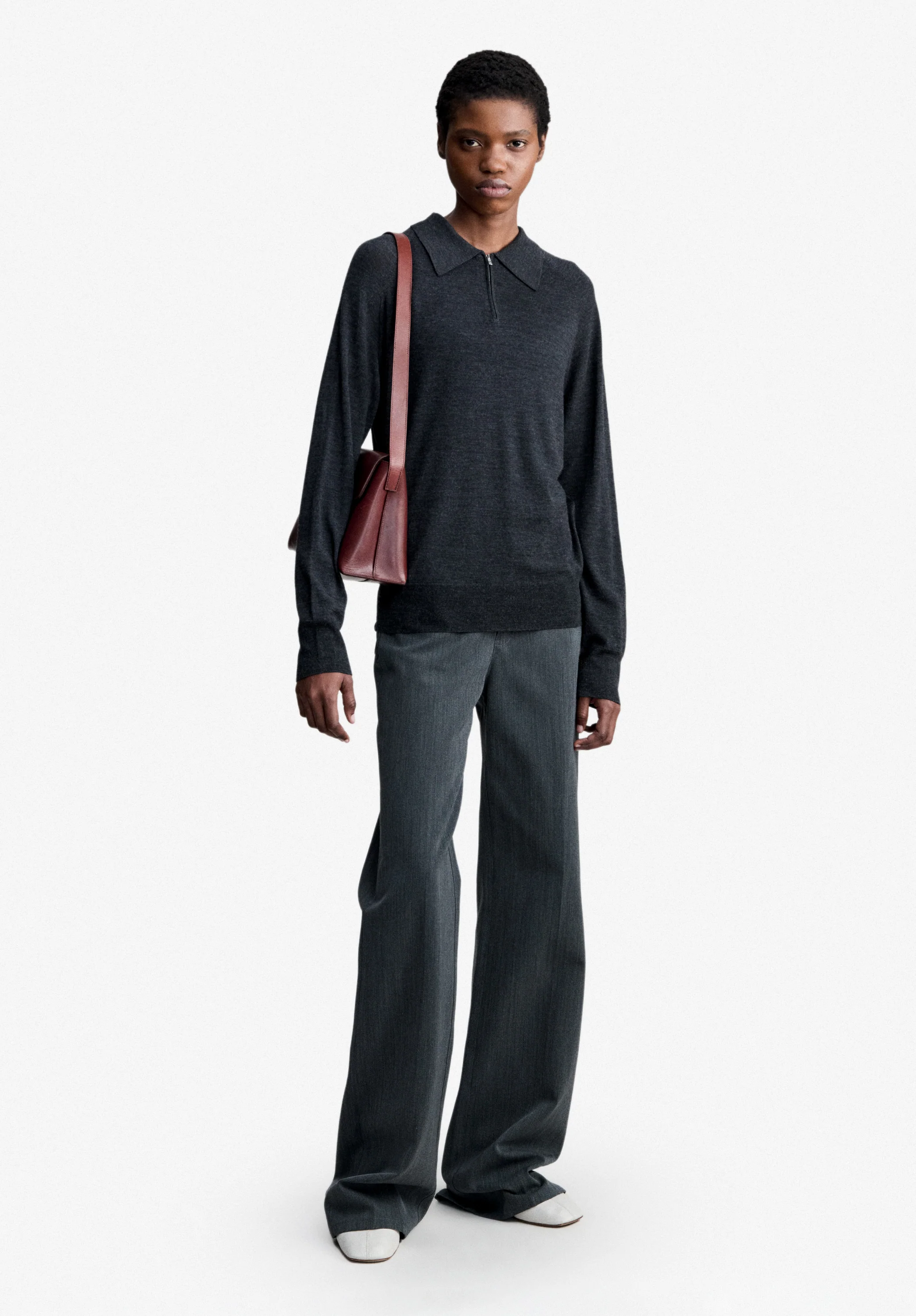 Polo manche longue en laine grise - Anthracite chine