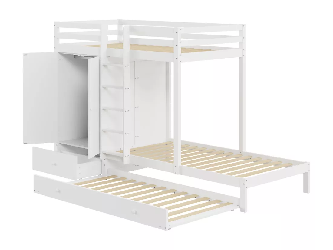 Lit superposé 90x200cm, lit enfant avec lit gigogne 90x190cm, armoire, échelle, tiroirs et compartiment de rangement, blanc
