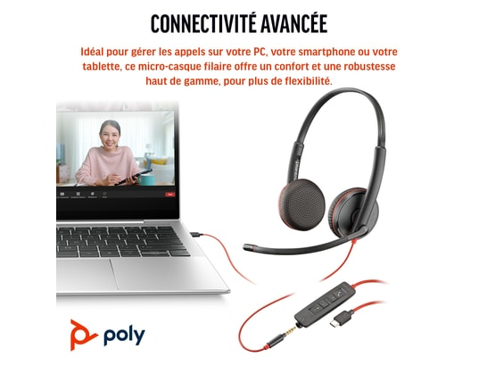 HP - Oreillette Bluetooth Poly blackwire c3225 usb-a/usb-c stéréo noir