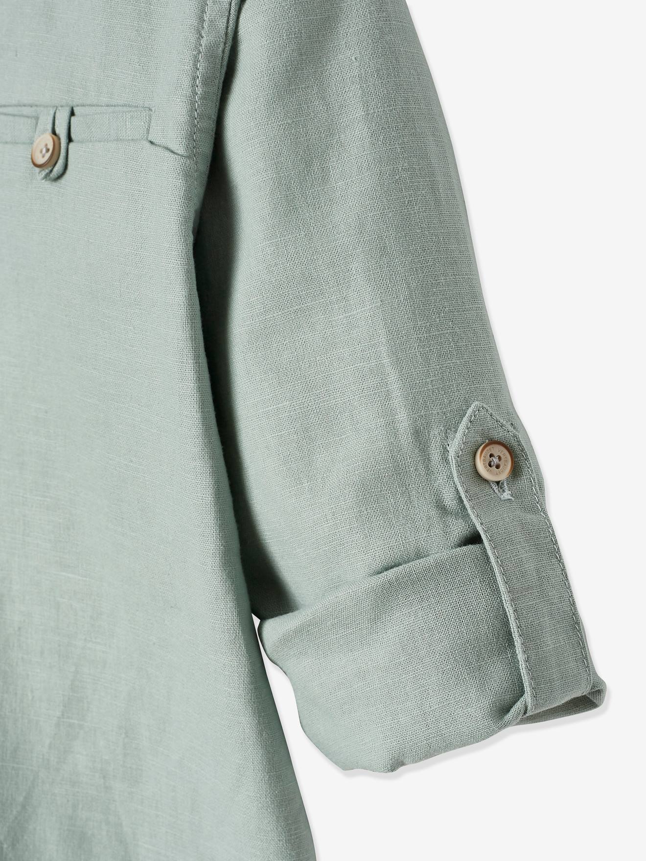Camisa infantil de linho/algodão com gola mandarim, mangas compridas, cor azul-marinho lisa.