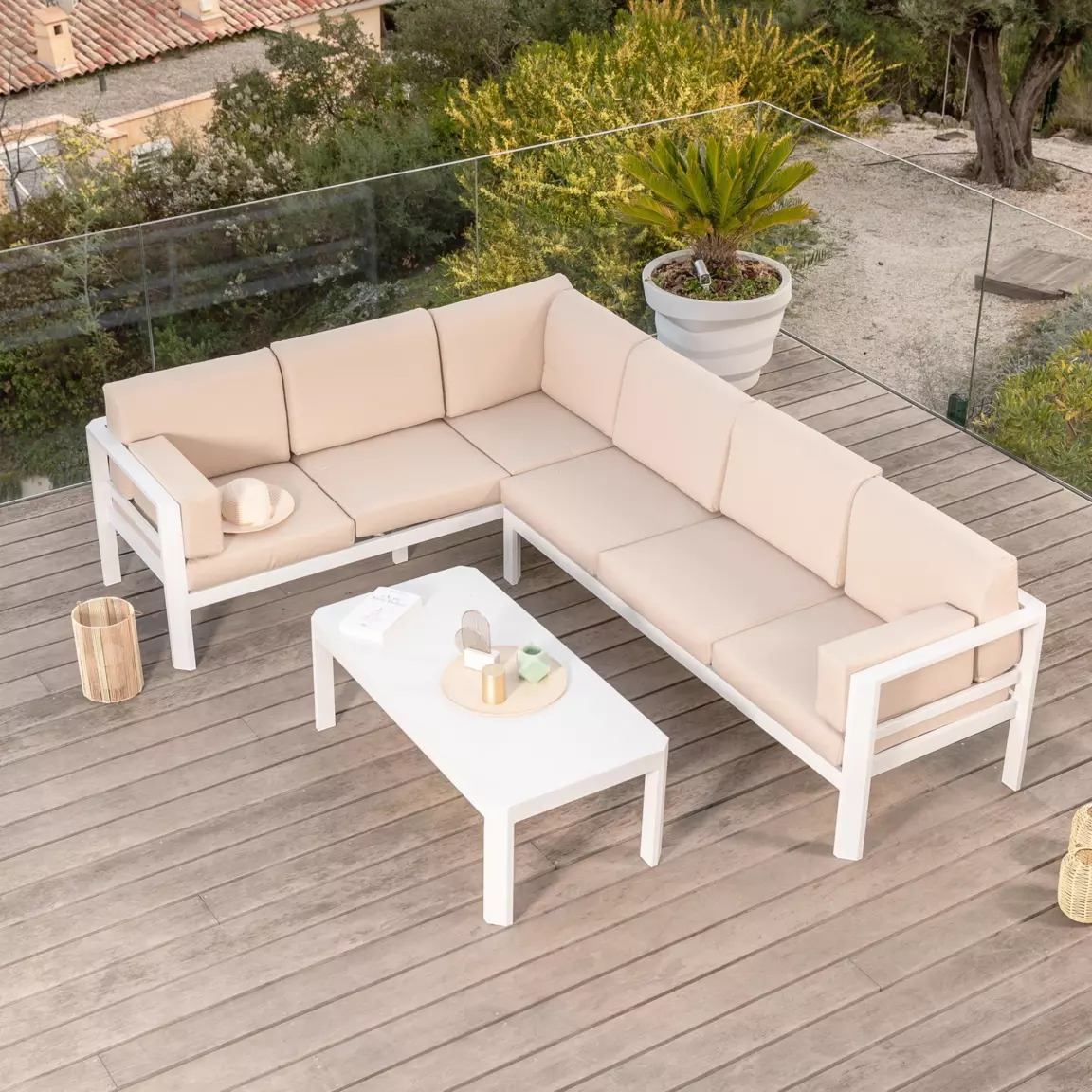 Salon de jardin d'angle en aluminium 6 places Ostara Blanc et taupe