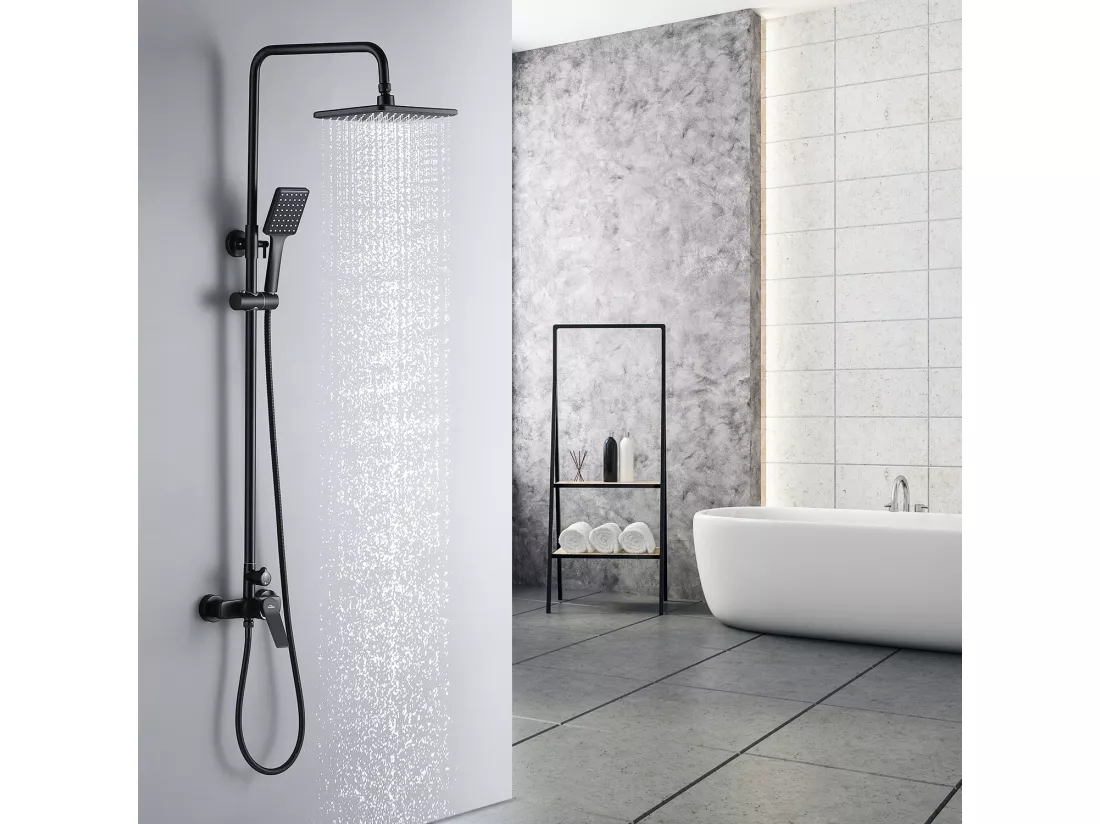 Colonne de Douche Noir avec Robinetterie Ensemble de Douche Hauteur Réglable 2 Fonctions avec Douche de Tête et Douchette à Main