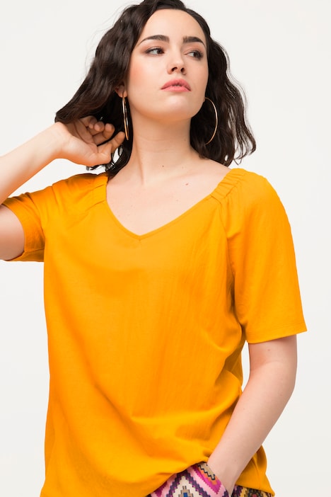 Shirtbluse, Kräuselungen, V-Ausschnitt, Halbarm