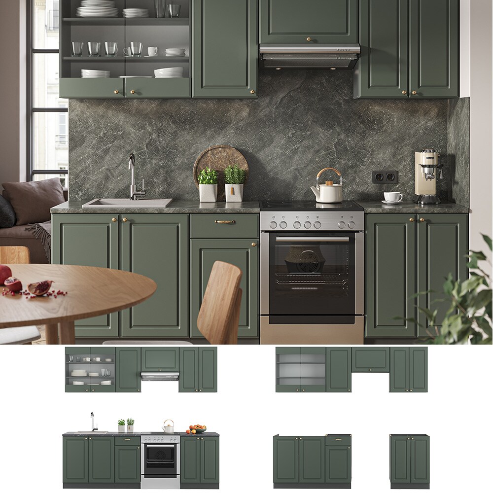 Vicco Küchenzeile Küchenblock Einbauküche Fame-Line Landhaus Anthrazit Grün Gold 240 cm Küchen Schränke Spülenunterschrank Schubunterschrank Hängeschrank Hängeglasschrank