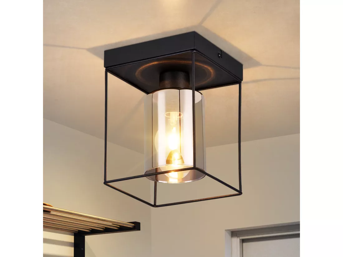 NETTLIFE Plafonnier couloir plafonnier verre 1 ampoule E27 vintage avec métal noir style industriel rétro