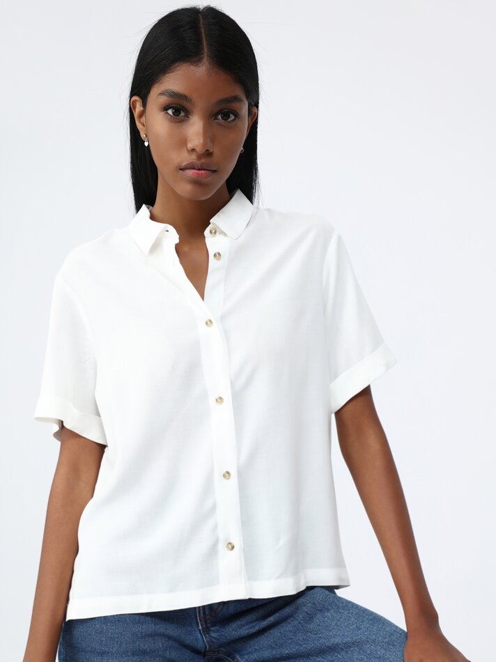 Camisa de manga curta com franzidos - Branco-creme