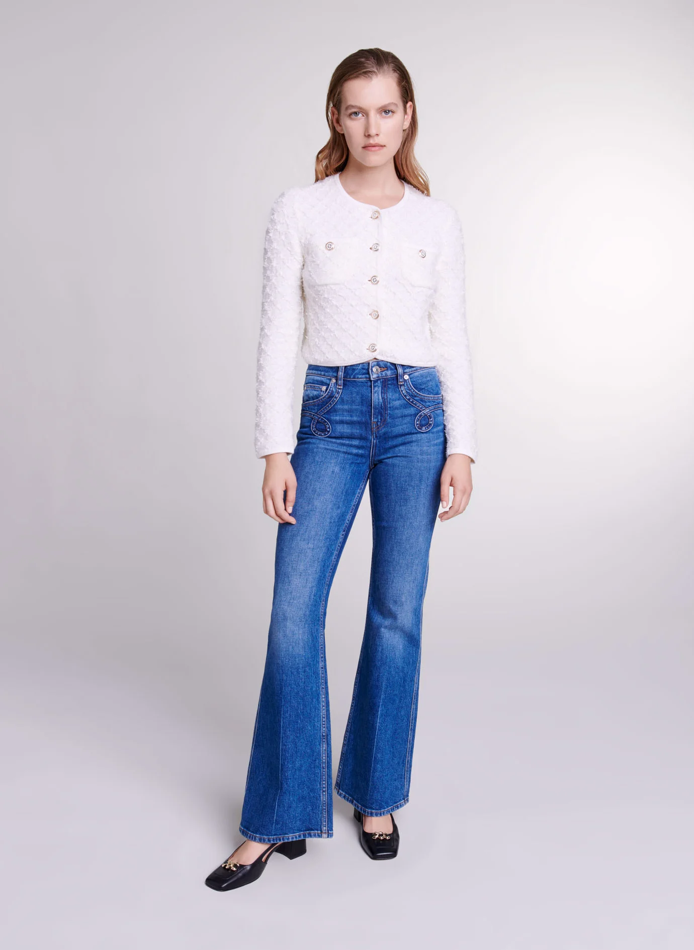 Jean flare taille mi-haute en coton mélangé | Bleu