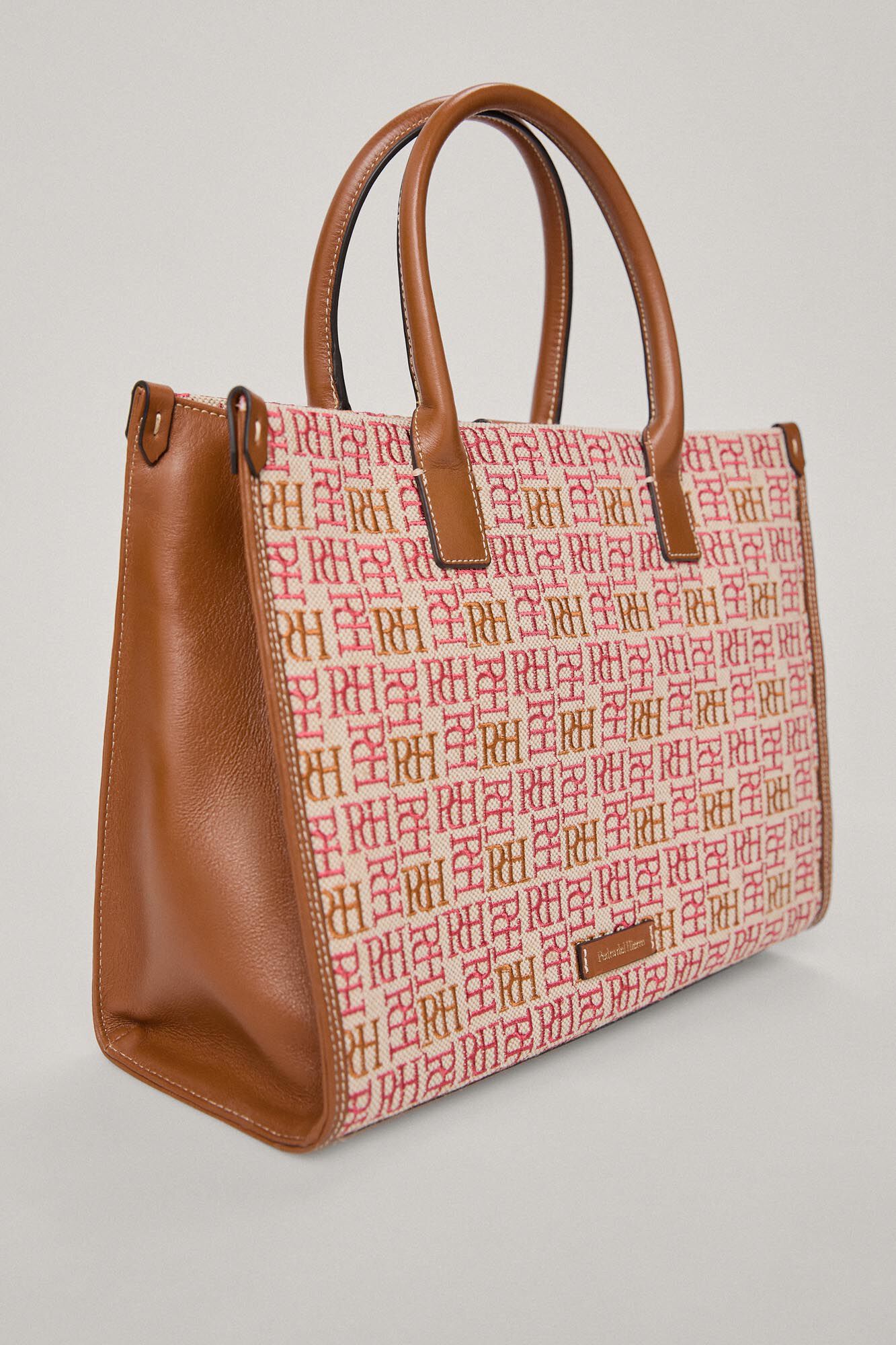 Bolsa de lona com logotipo bordado e detalhes em couro - Rosa