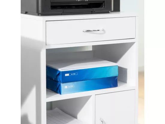 Support Imprimante Roulant Bureau Mobile Caisson Avec Tiroir Et Porte Blanc, Fbt106-w