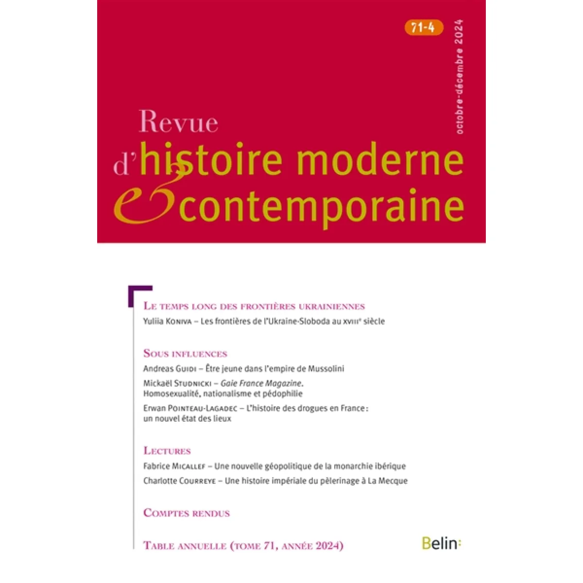 Revue d'histoire moderne et contemporaine, n° 71-4