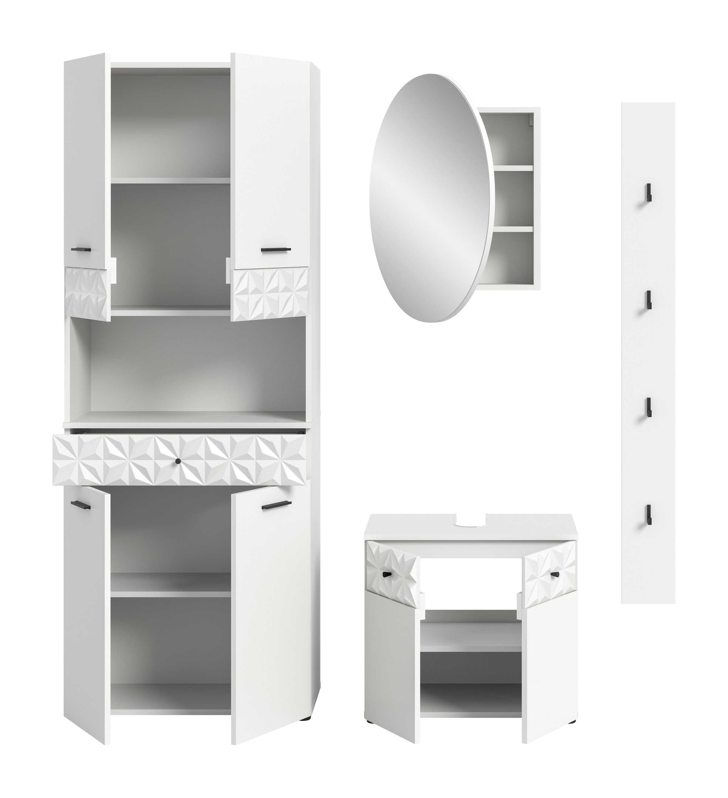 INOSIGN Badezimmer-Set »VICENZA, TOPSELLER!, Breite 176cm, 4-teilig, mit Ornamentabsetzung« Hochschrank, Waschbeckenunterschrank, Spiegelschrank und Hakenleiste,