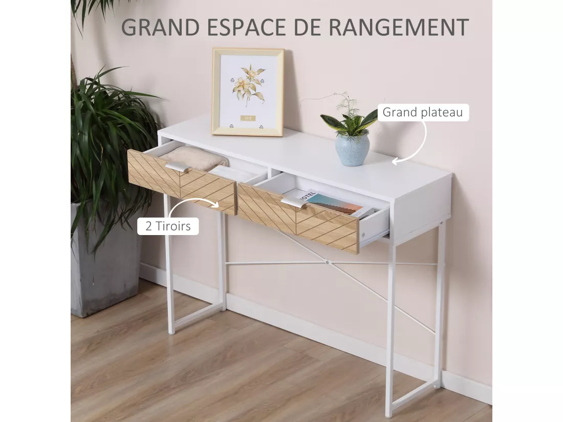 Table console industriel 2 tiroirs aspect bois de chêne sculpté motif à chevrons piètement métal blanc