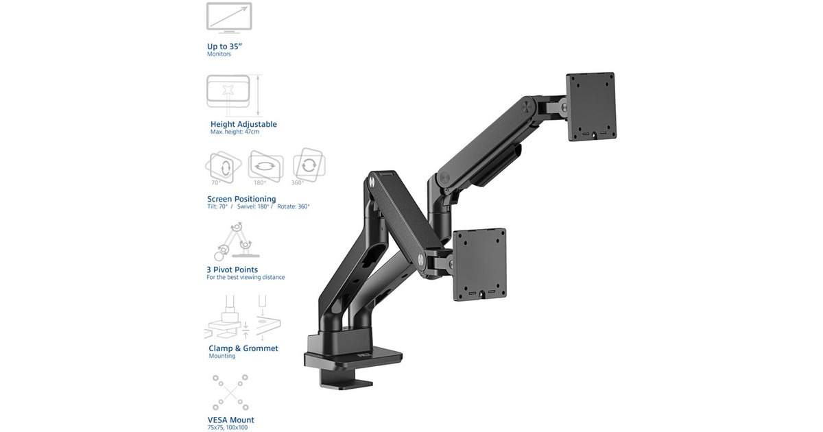 ACT ConnectivityMonitorarm office premium, gasveer, 2 monitoren  (Zwart)