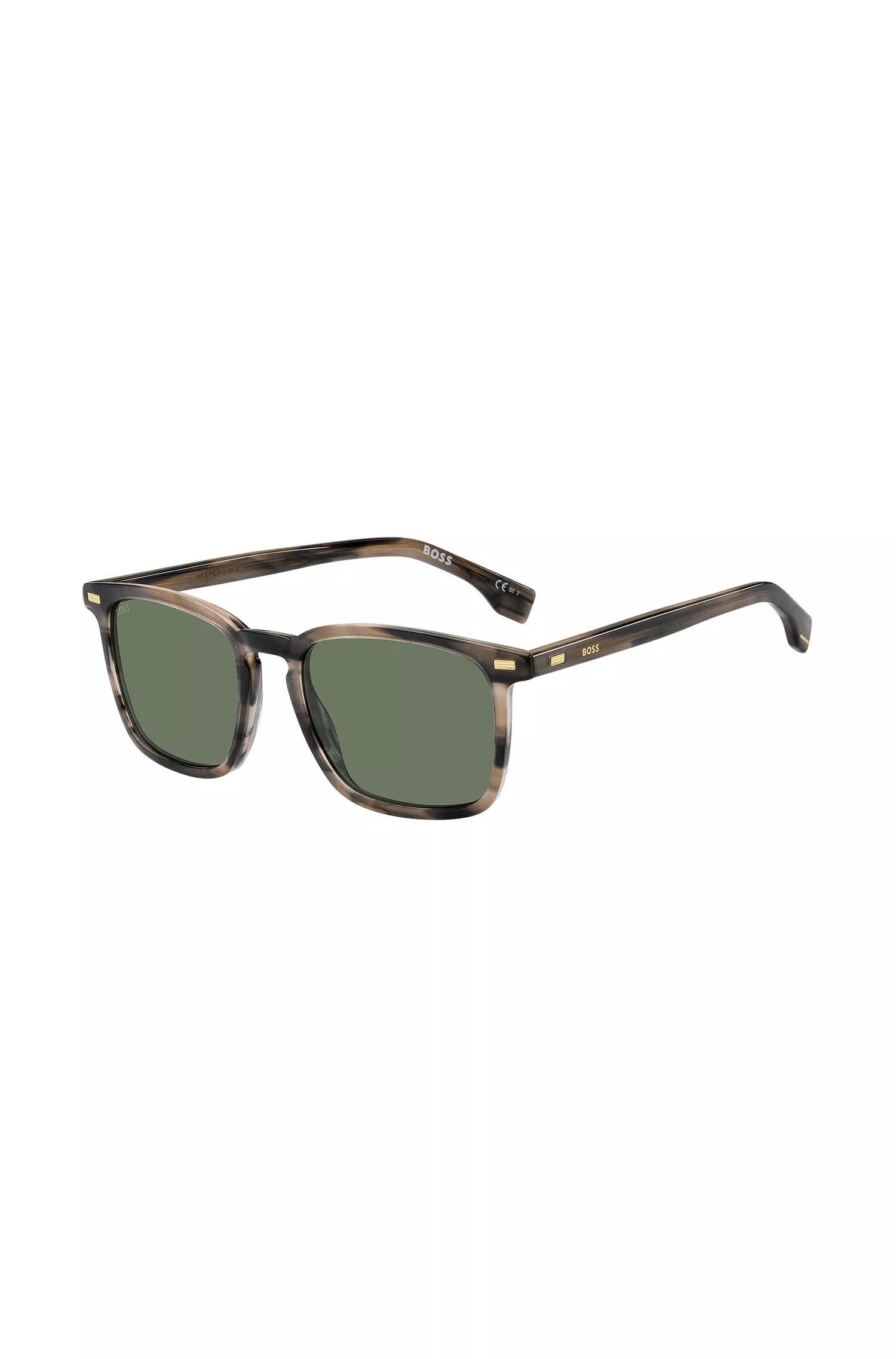 Óculos de sol BOSS em acetato preto com detalhes em chifre e rebites metálicos.