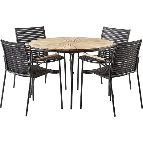 Kerteminde teak bord Ø110cm, antracit stel med 4 Mood stole