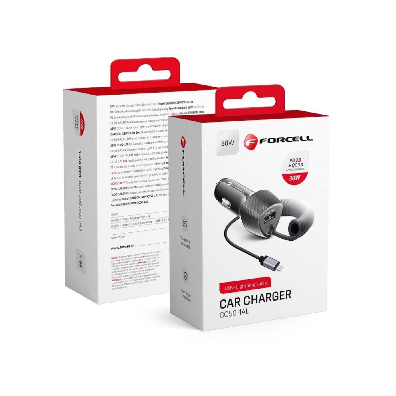 KFZ-Ladegerät CARBON USB QC 3.0 18W + Kabel iPhone-Anschluss