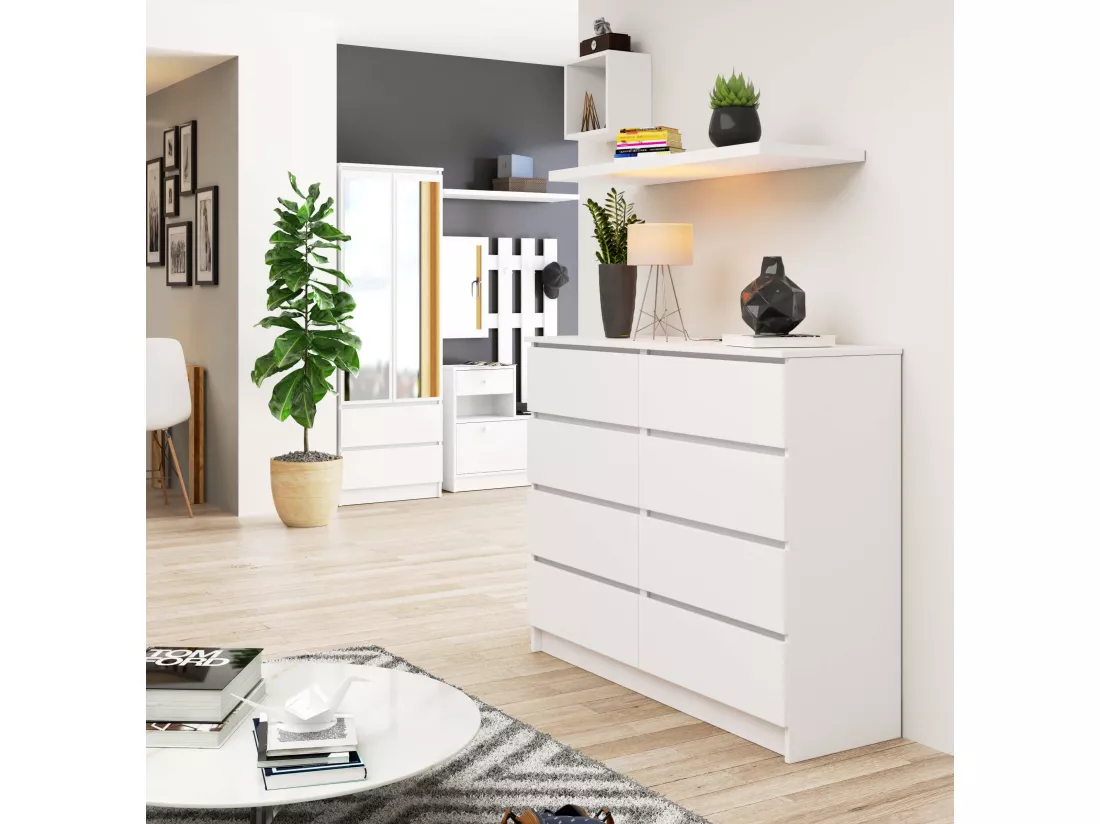 Commode AKORD K120 Blanche 120 cm 8 tiroirs façade Blanche 120x40x99 cm