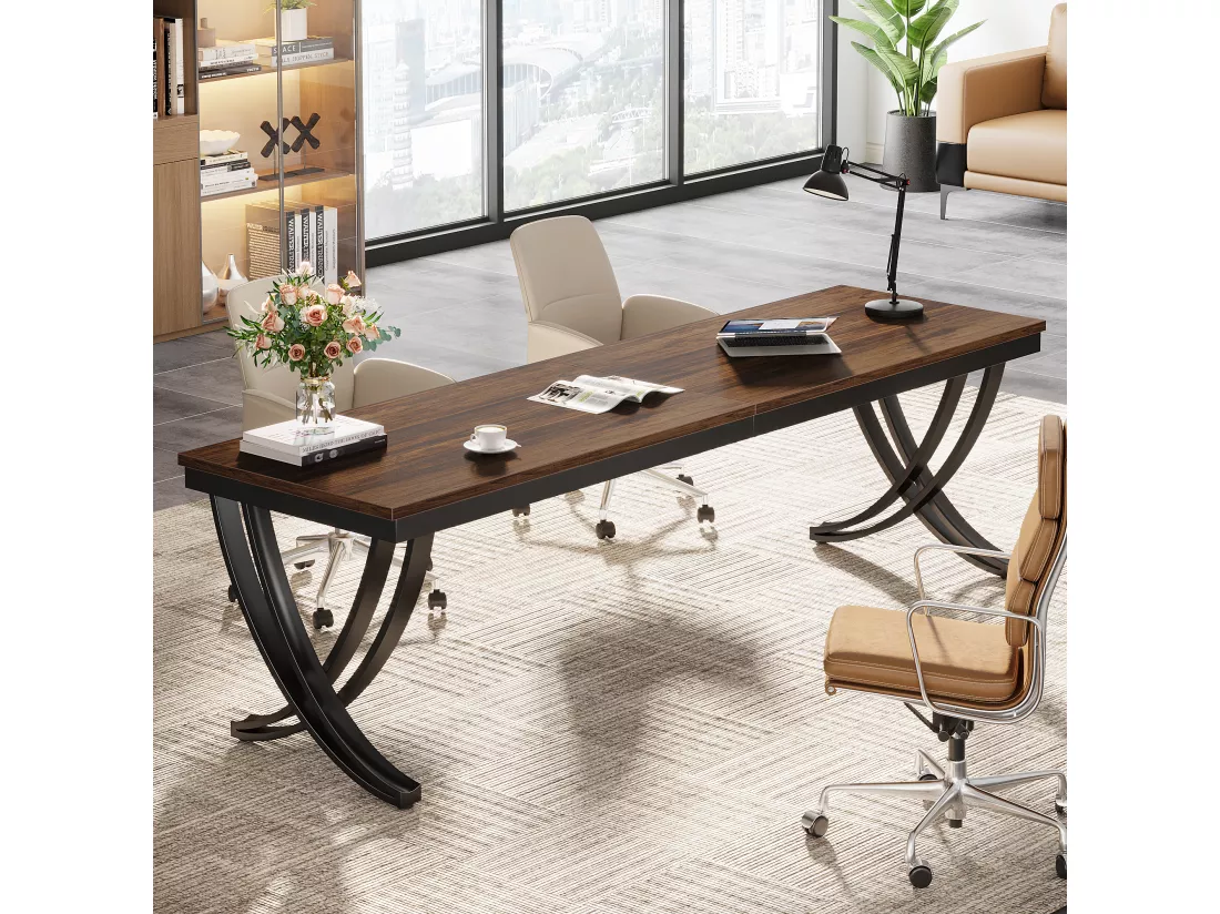 Bureau Informatique, Table d'ordinateur Portable, Double Bureau Long pour Chambre de Bureau à Domicile, 200 x 70 x 75 cm, Marron Rustique