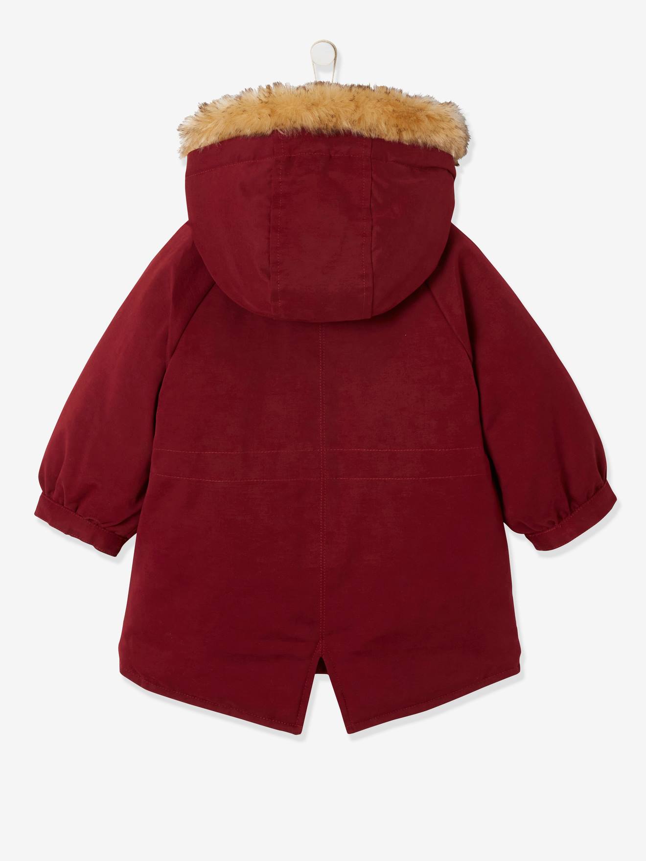 Parka com capuz contornado em pele sintética, listrada em vermelho bebê escuro.