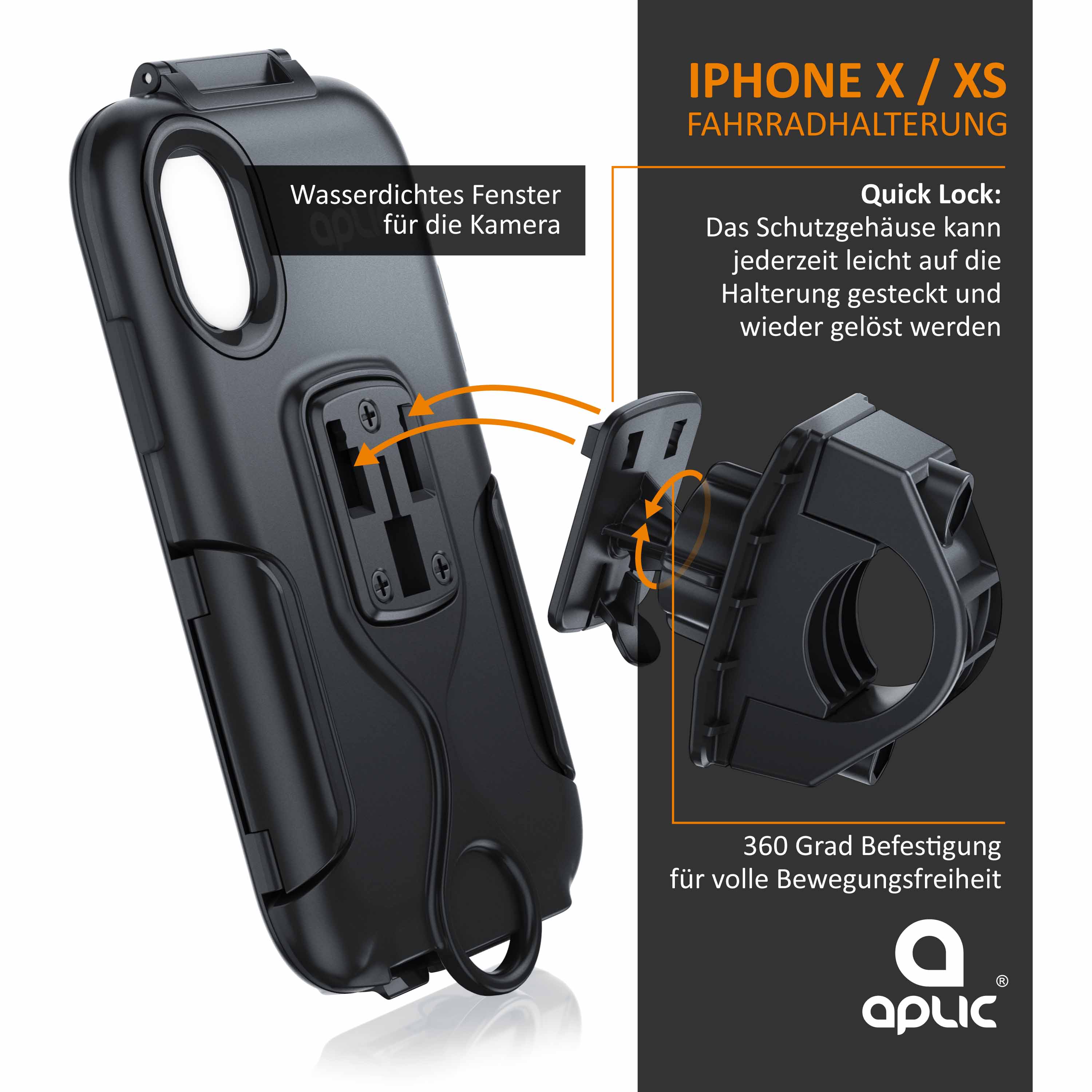 Aplic Fahrradhalterung mit Schutzhülle für Iphone X und XS Spritzwasserschutz / Quick Lock