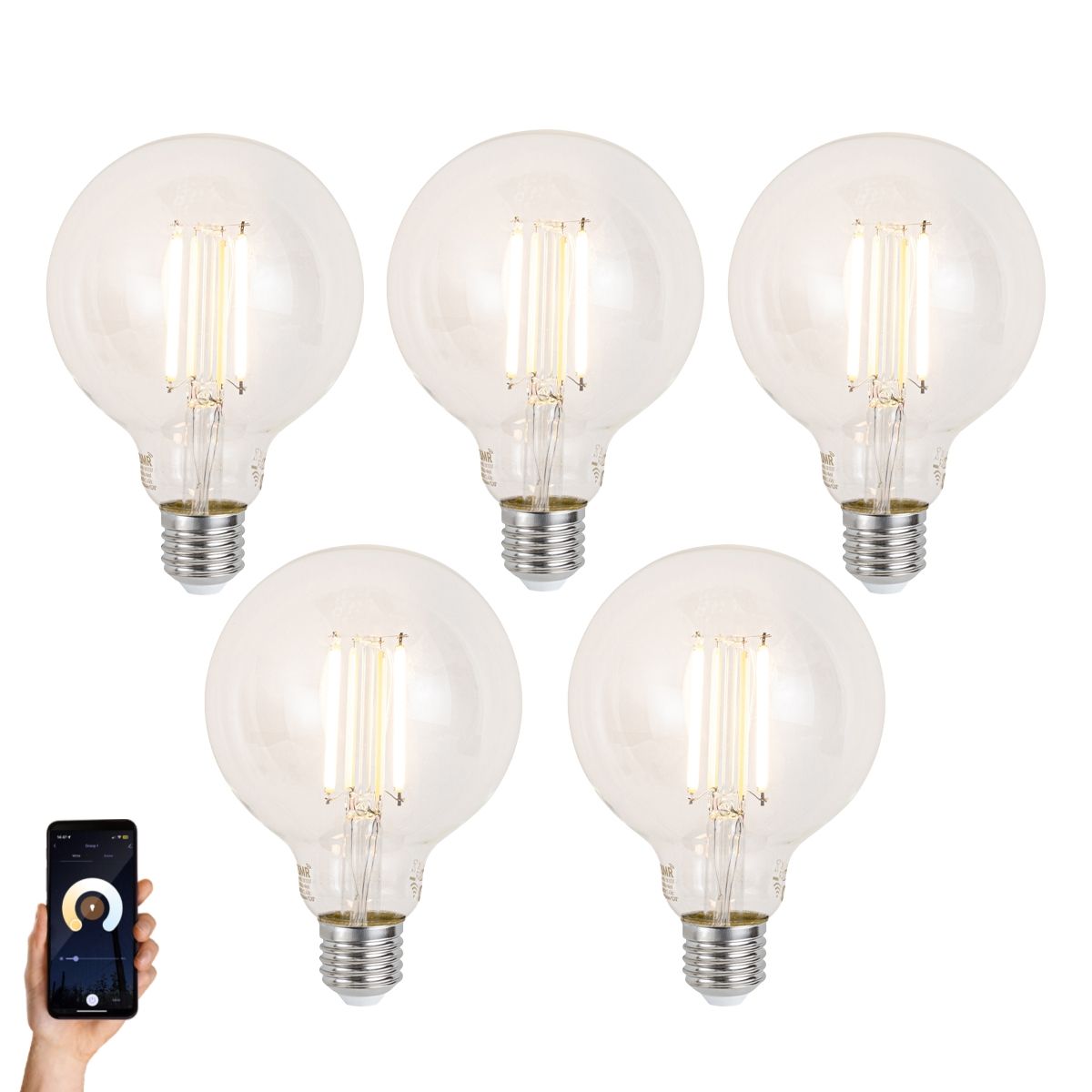Set van 5 Smart E27 dimbare LED lampen G95 helder 7W 806 lm 2700-6500K