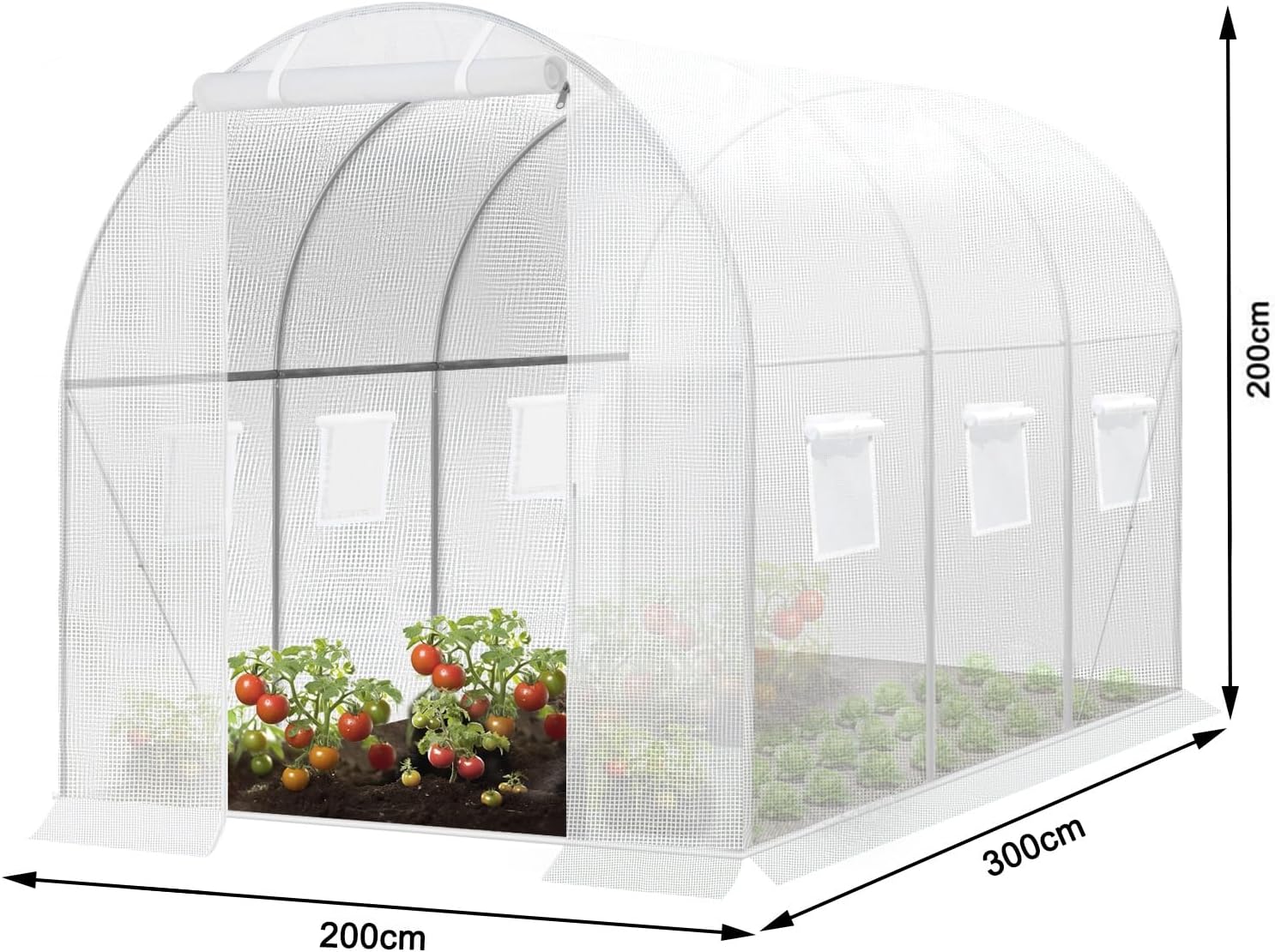 WOLTU Gewächshaus, Foliengewächshaus für Aufzucht Tomaten, Tomatenhaus Winterfest mit Tür 6 Fenstern, aus Stahlrohr PE, 200 x 200 x 300 cm, Weiß