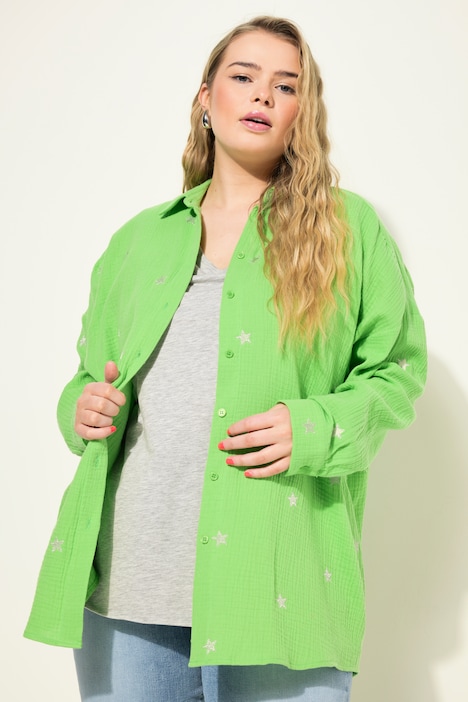 Hemdbluse, oversized, Musselin, Hemdkragen, Langarm, Stickerei