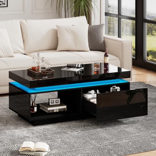 Merax Couchtisch mit LED-Beleuchtung, Hochglanz-Oberfläche, 1 Schublade, 100x50x40 cm, Moderner Sofatisch für Wohnzimmer, Robuster Kaffeetisch, Beistelltisch mit praktischem Stauraum