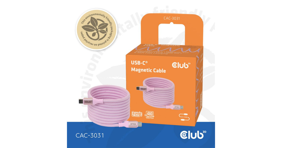 Club 3DUSB-C Magnetic-Coil 240W PD3.1 Pink Cable, 2 meter kabel  (Roze)