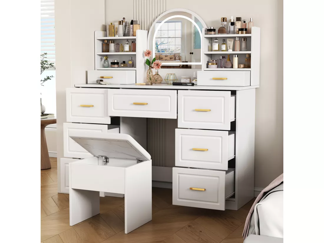 Coiffeuse avec 9 tiroirs, miroir et tabouret - 120 x 40 x 135 cm - LEDs - Panneau de particules - Blanc