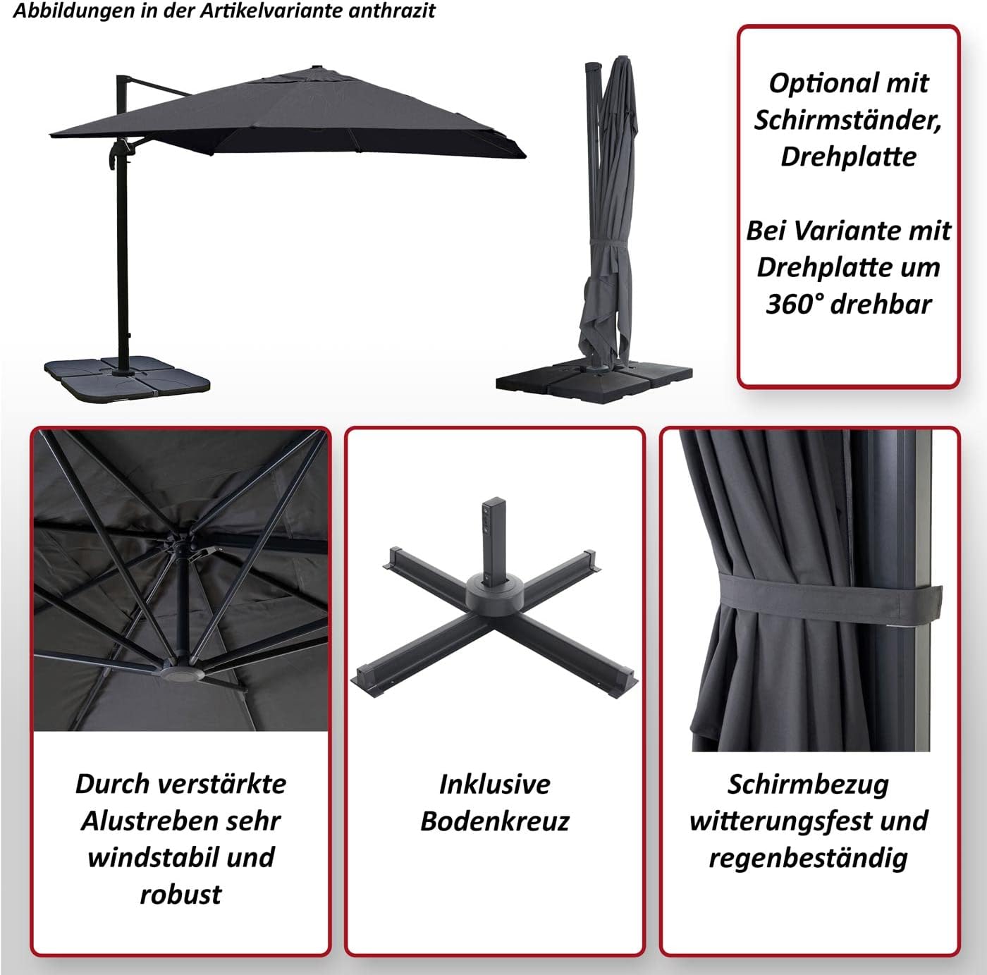 Mendler Gastronomie-Ampelschirm HWC-A96, Sonnenschirm, 3x4m (Ø5m) Polyester/Alu 26kg mit Ständer