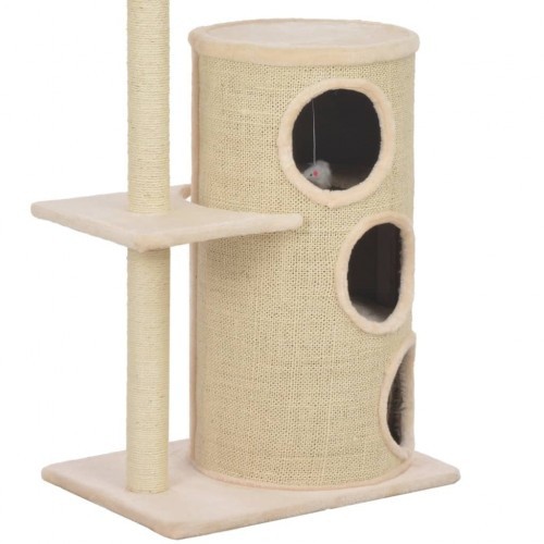 Arranhador bege para gatos com hastes de sisal.
