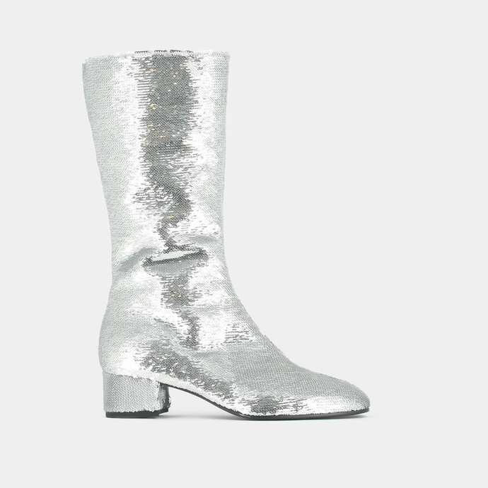 Bottes à talons et bouts pointus  en sequins argent