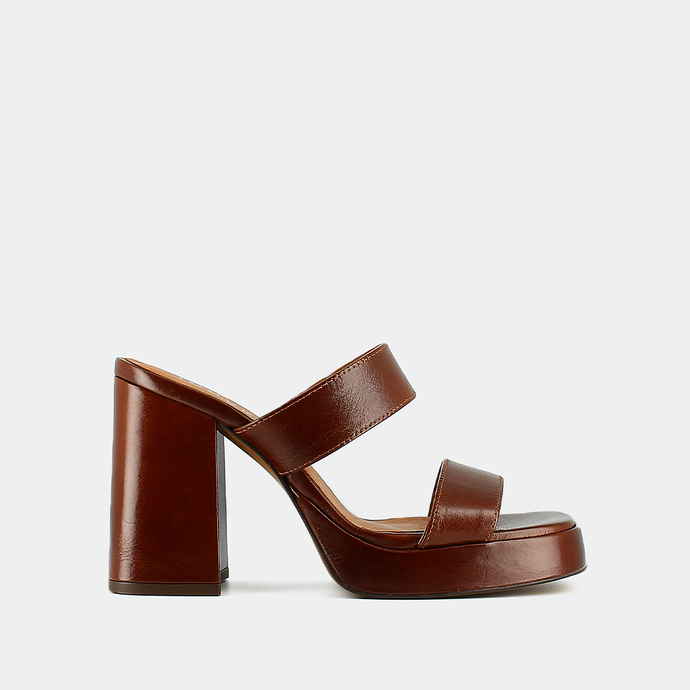 Mules à plateformes et brides  en cuir vieilli marron