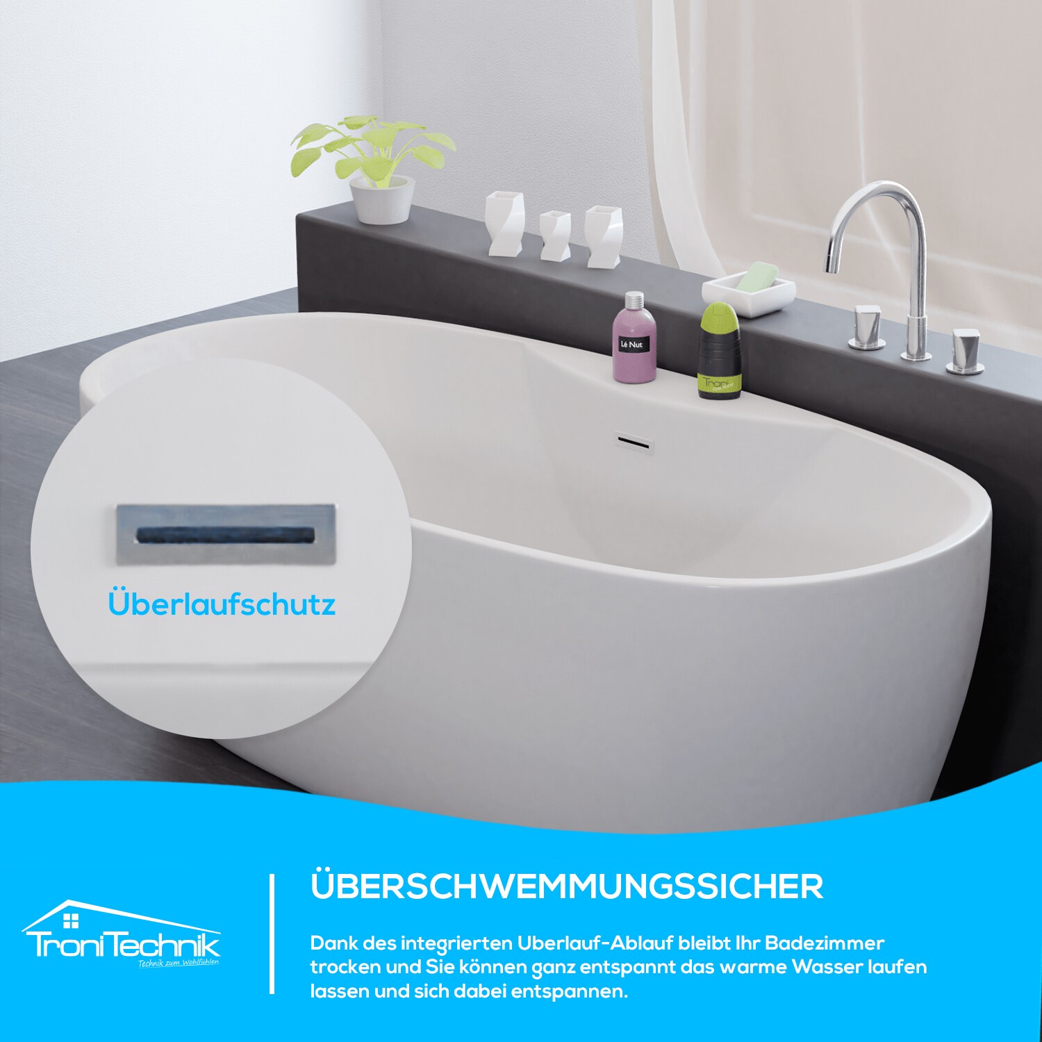 TroniTechnik® Freistehende Badewanne ANAFI Maße ca. 170 x 80 x 58cm Wanne - Füllmenge 195 Liter, aus Acryl mit Siphon