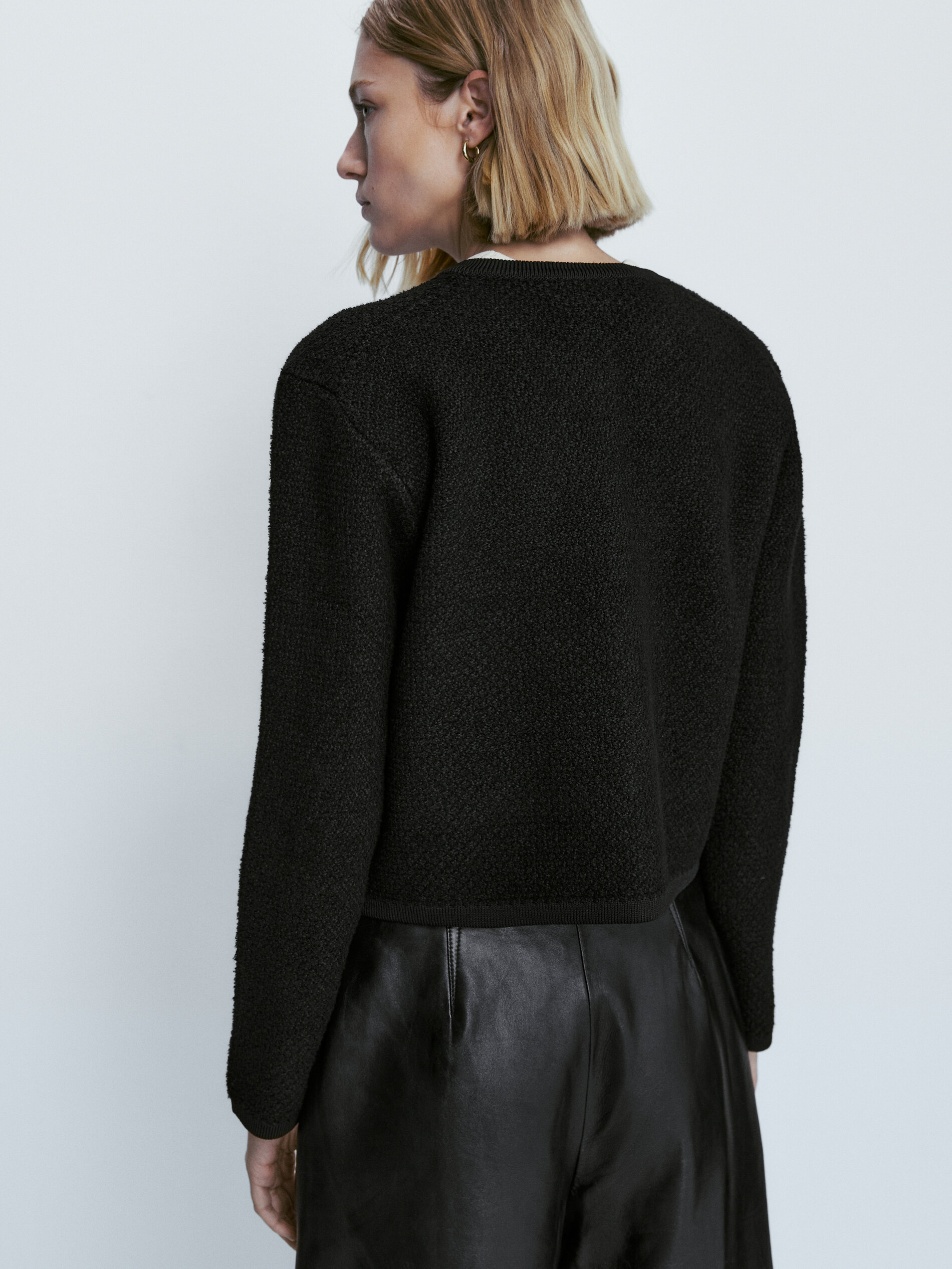 Cardigã em ponto bouclé com zíper - PRETO