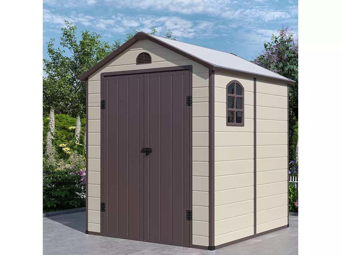 Abri de Jardin Extérieur 6.2 m³ avec Porte Verrouillable, Abri de Jardin PVC 3.1㎡ avec 2 Fenêtres, Toit en Pente, Cadre en Acier, Rampe pour Vélos, Outils, Cabane pour Jardin, Terrasse, Patio