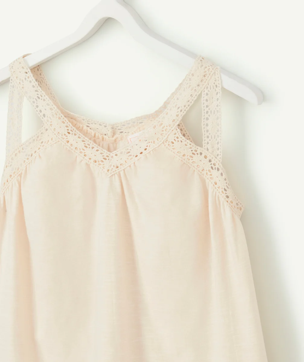 T-SHIRT À BRETELLES FILLE EN COTON BIO ÉCRU AVEC BRODERIES