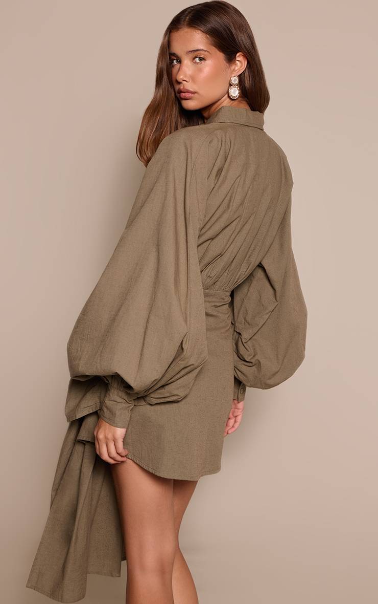 Kaki Robe Chemise Aspect Lin Avec Ceinture À Nouer