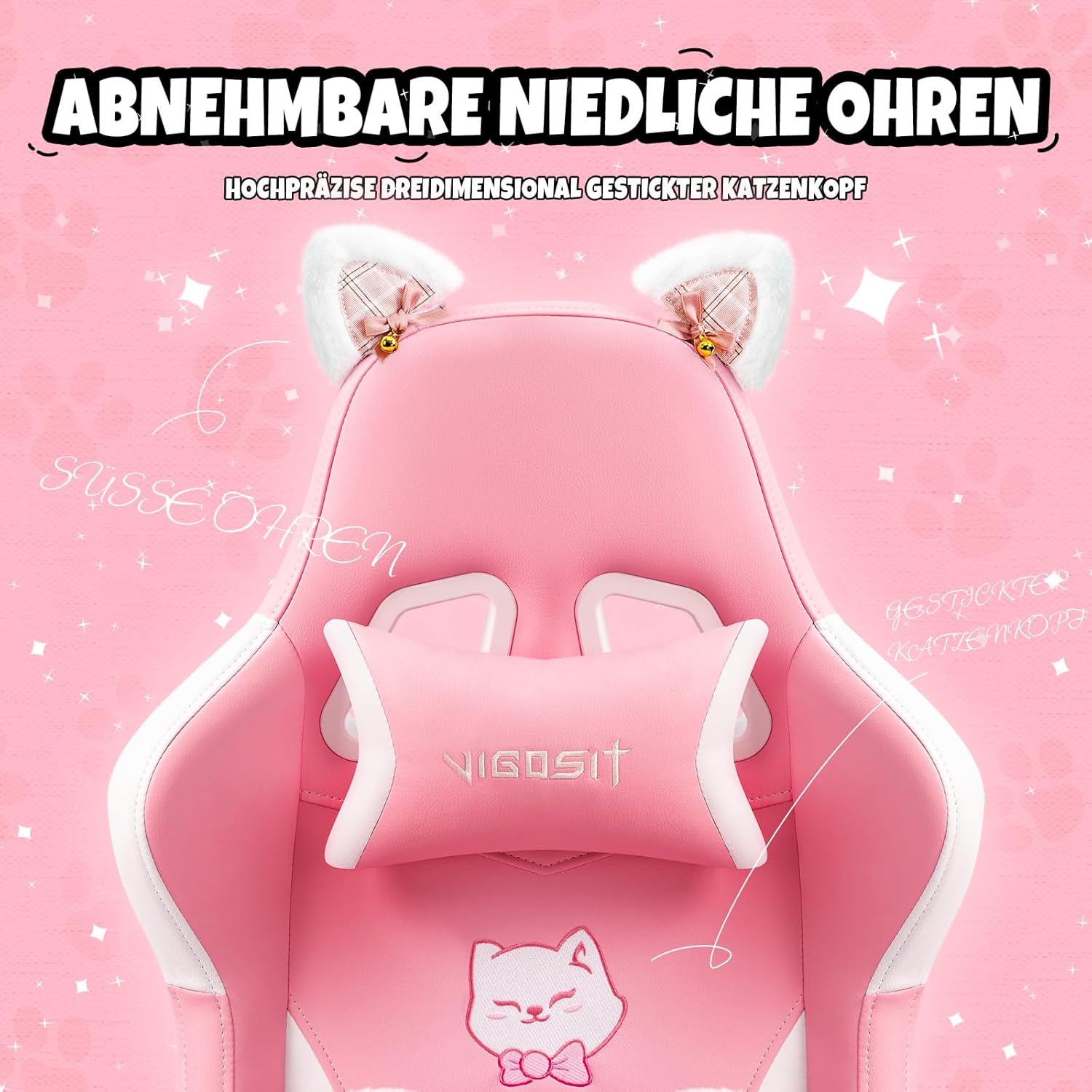 Cute Gaming Stuhl mit Katzenpfote Lendenkissen und Katzenohren, Ergonomischer Gamer Stuhl mit Fußstütze, Verstellbarer PC-Spielesessel für Mädchen, Teenager, Kinder, Pink