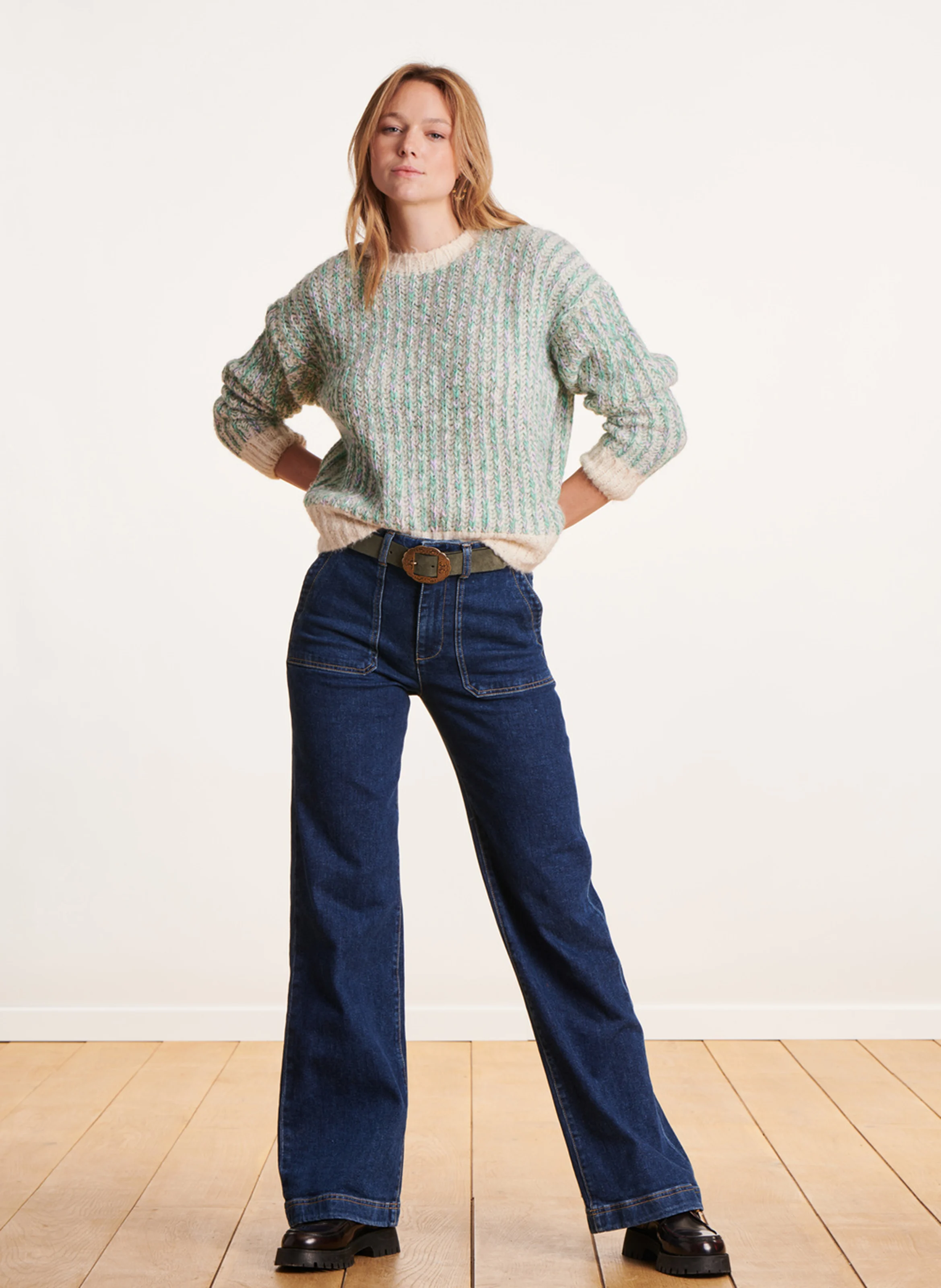 Pull ample col rond en maille mélangée | Violet