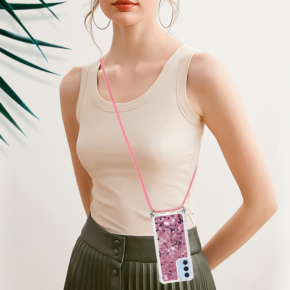 Samsung Galaxy A15 Necklace Gummi Hülle Liquid Glitzer   Handykette (130cm) - Roségold