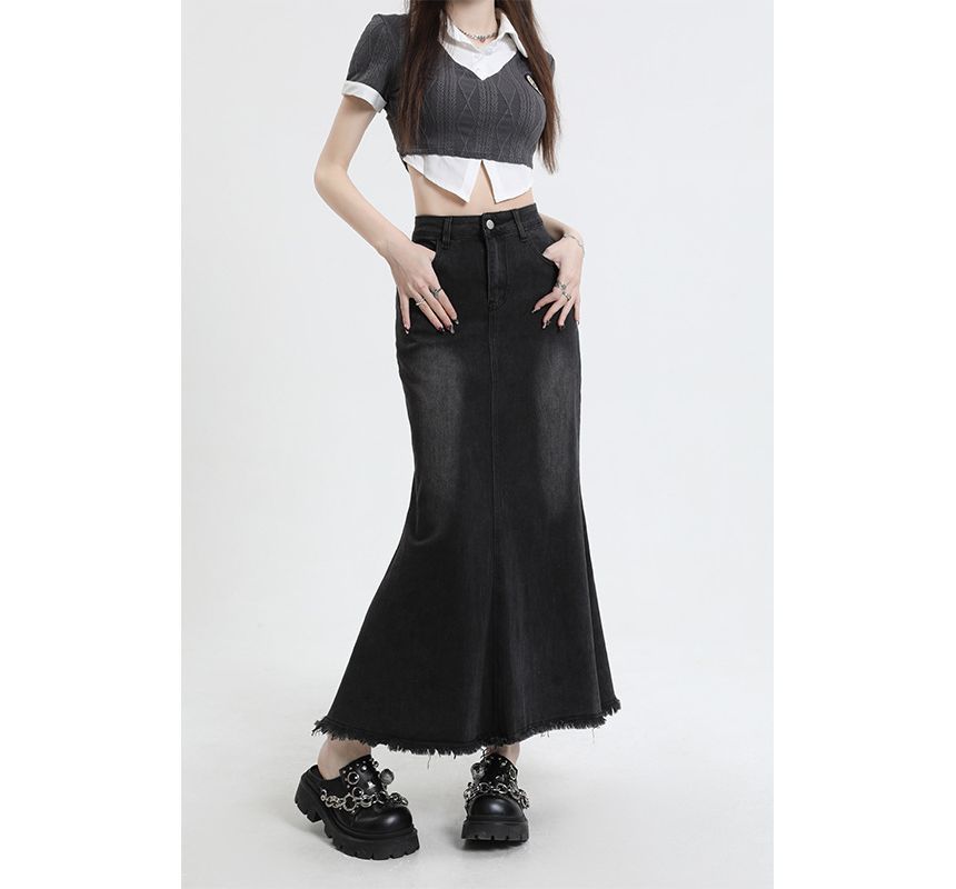 Denimot - Denim maxi-rok met hoge taille en franjes aan de zoom