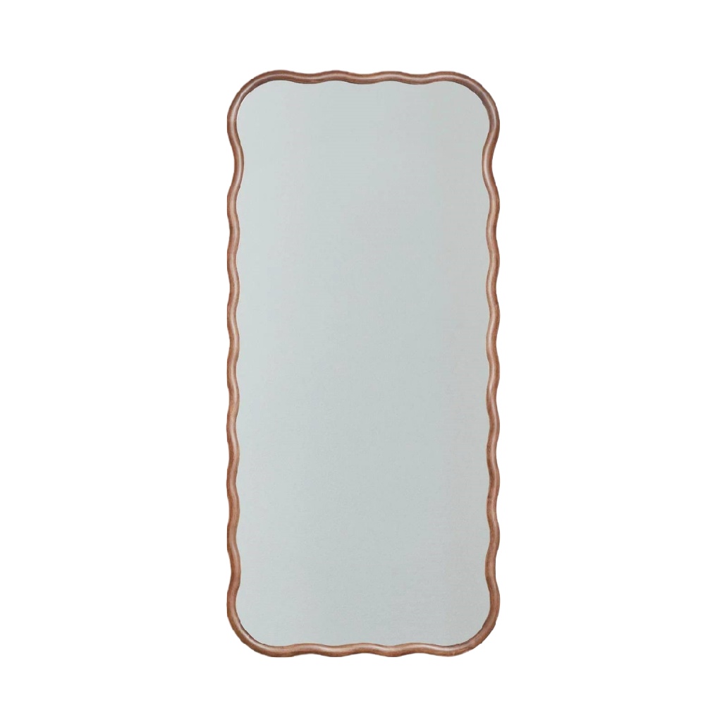 Miroir mural rectangulaire à bord ondulé avec cadre en bois naturel, style moderne, 160 × 70 cm