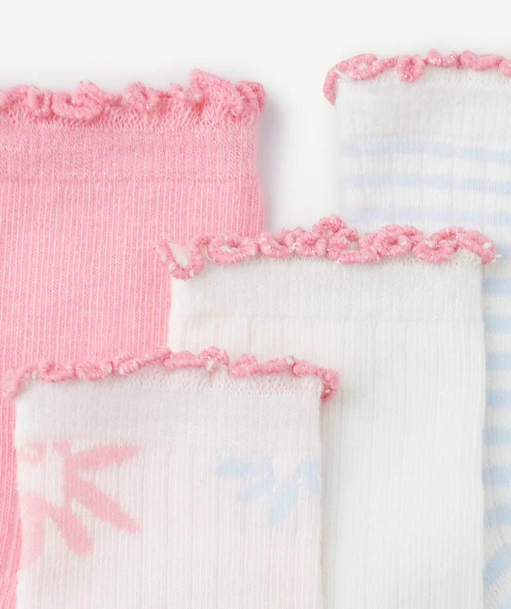 LOT DE 4 CHAUSSETTES HAUTES FILLE ROSE ET BLANC AVEC BORDS FESTONNÉS
