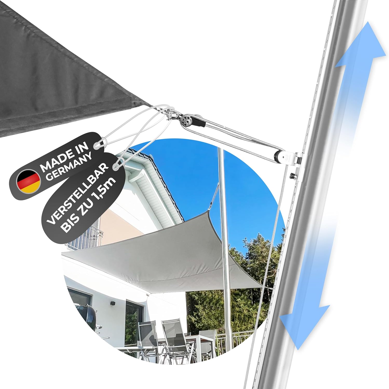 Toldoro 2,5m Sonnensegelmast höhenverstellbar mit Bodenhülse/rostfreier Sonnensegelmast aus V2A Edelstahl/Pfosten für Sonnensegel mit Gleitschiene zur Höhenverstellung