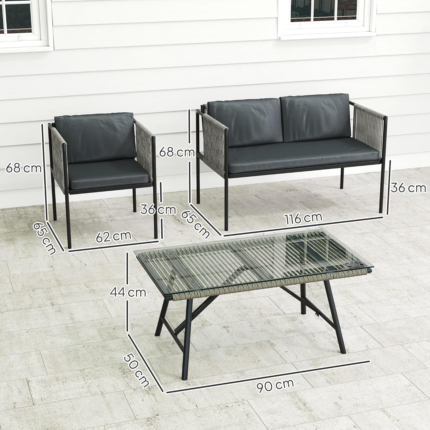 Outsunny Gartenmöbel Set aus Polyrattan Lounge-Set mit 2er Sofa Sessel Glastisch Kissen wetterfest Balkonmöbel für 4 Personen Outdoor Sitzgruppe Terrassenmöbel für Garten Balkon Grau
