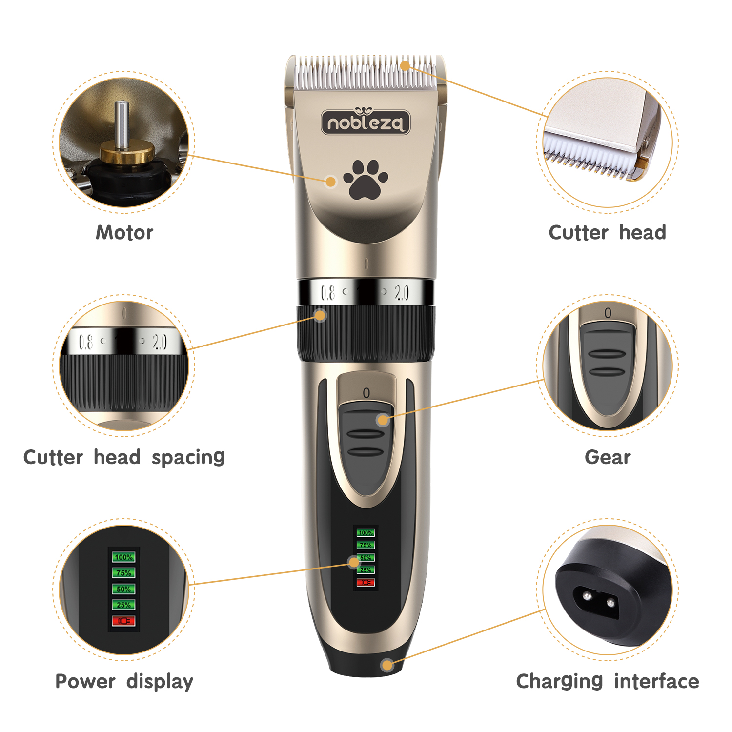 Nobleza - Conjunto de Máquina de Tosar Cães Profissional, Aparador de Pelos Sem Fio e Recarregável para Animais de Estimação de Pequeno, Médio e Grande Porte, 2 Velocidades Ajustáveis, Inclui Tesoura e Pente