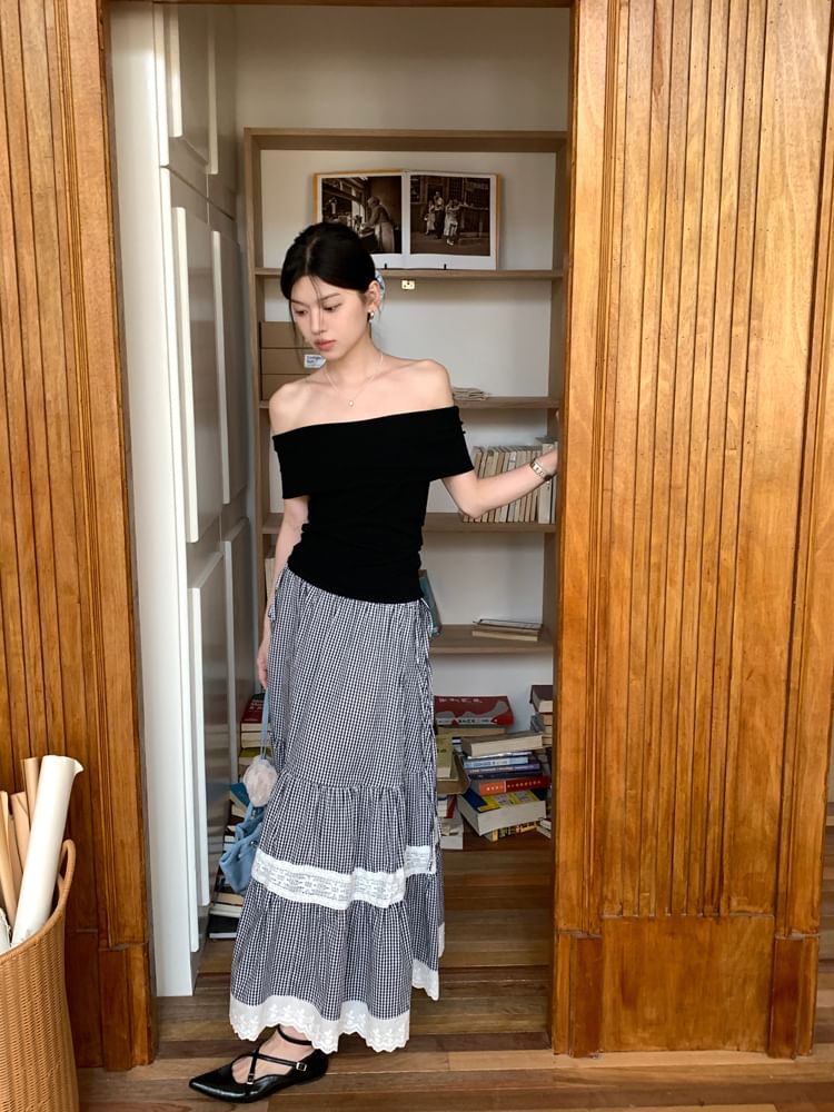 Beem - Hoge taille geruite maxi A-lijn rok